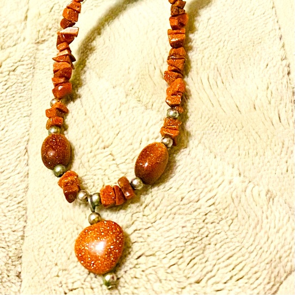 Handcrafted Orange Goldstone Chip & Oval Beaded Necklace Heart Drop Toggle Clasp - Picture 2 of 3